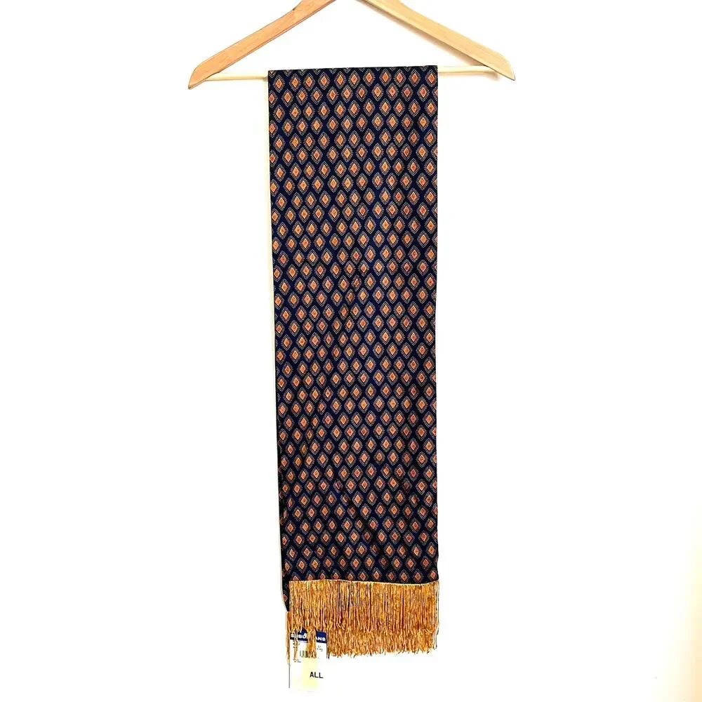 Suburbans Vintage English Channel Diamond Print Scarf Blue Gold Fringe‎ USA Made